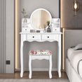 thumbnail image 1 of Makeup Vanity Set with 360° Pivoted Round Mirror & Stool, Vintage Vanity Table and Cushioned Stool Set, Wood Dressing Table for Bedroom，White, 1 of 7