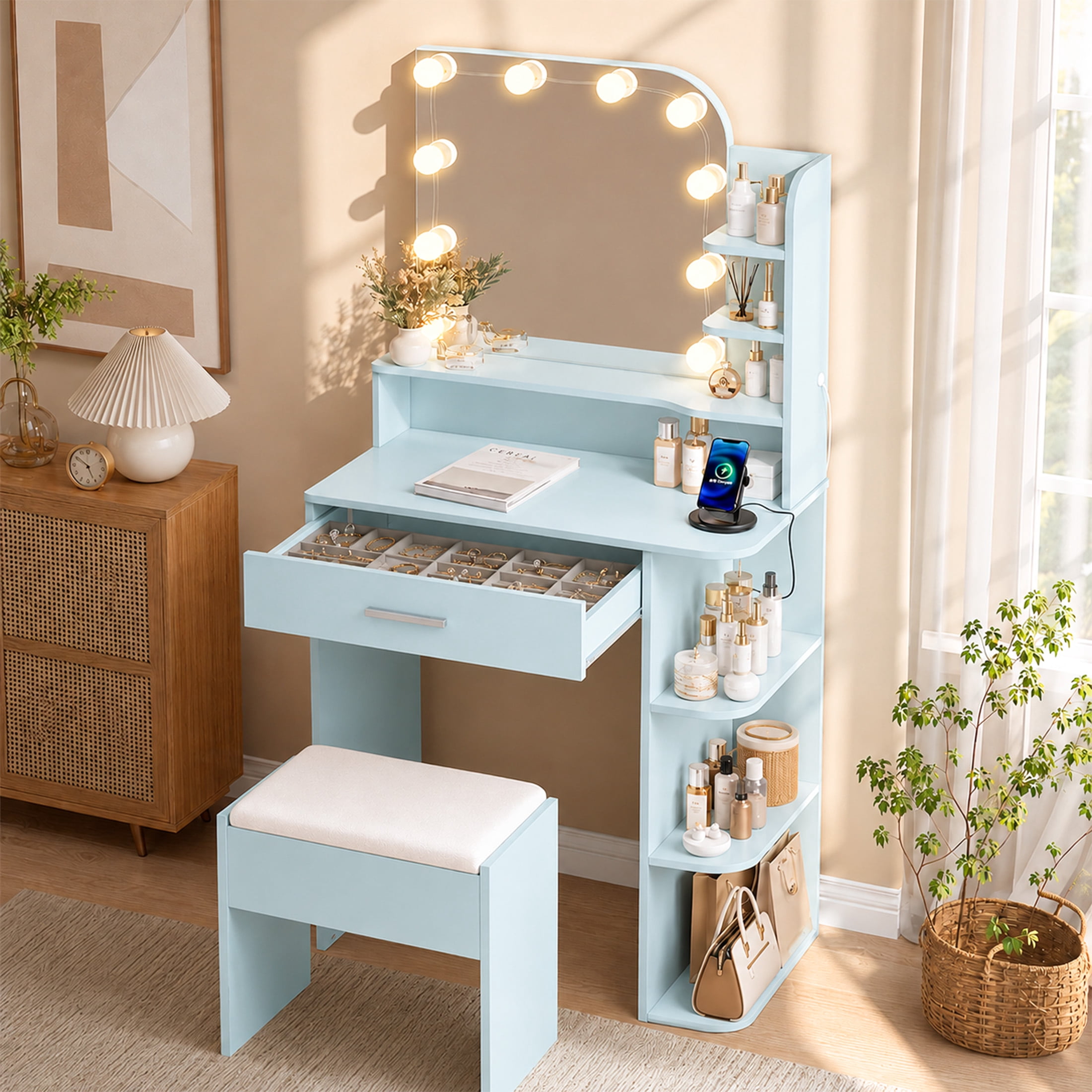 vanity dresser with mirror Akaber, Set and Lights, White, Compact 26.4