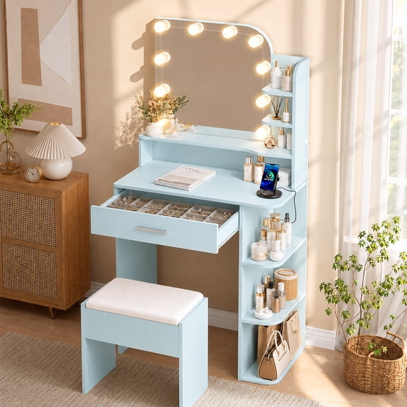 Makeup Vanity Set with Chair, Vanity Desk with Mirror and Lights, Power Outlet for Small Space, Blue