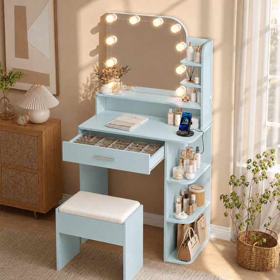 Makeup Vanity Set with Chair, Vanity Desk with Mirror and Lights, Power Outlet for Small Space, Blue