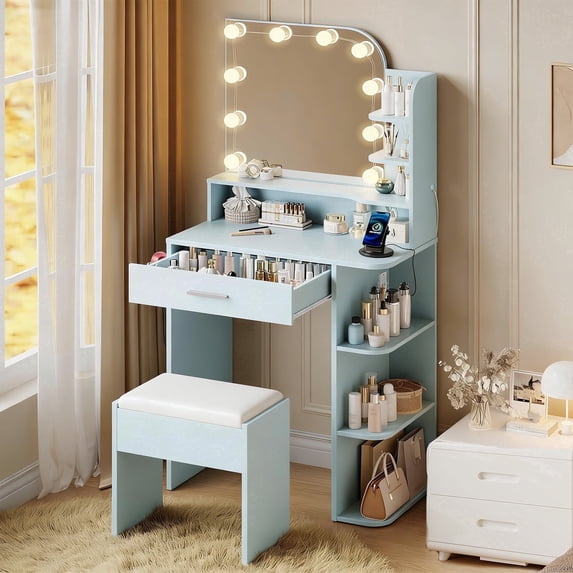 Makeup Vanity Set with Chair, Vanity Desk with Mirror and Lights, Power Outlet for Small Space, Blue