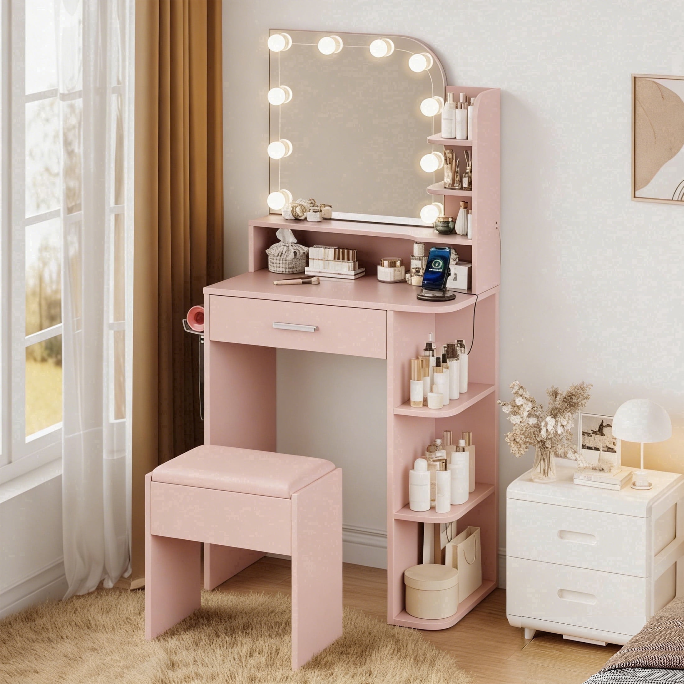 Makeup Vanity Set with Chair, Vanity Desk with Mirror and Lights, Power Outlet for Small Space, Pink