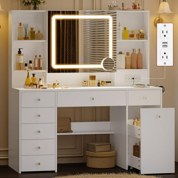 47.2'' Large Vanity Desk with Pull-Out LED Mirror, Power Outlet, 7 Drawers, Rolling Makeup Cart, Crystal Handles, Bedroom Makeup Vanity for Women Girls, White