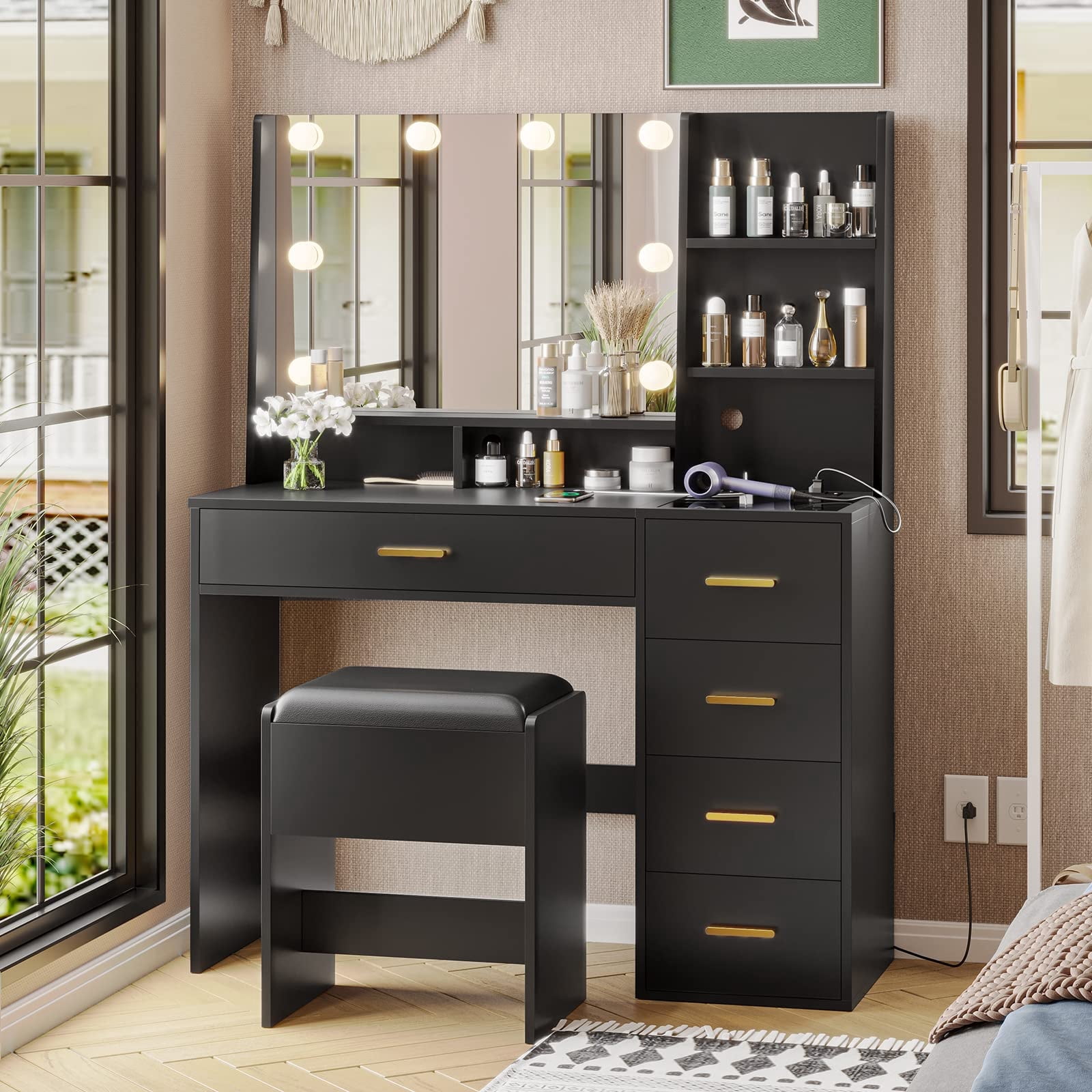 Black Makeup Vanity Set with Lights, Charging Station, and Cushioned