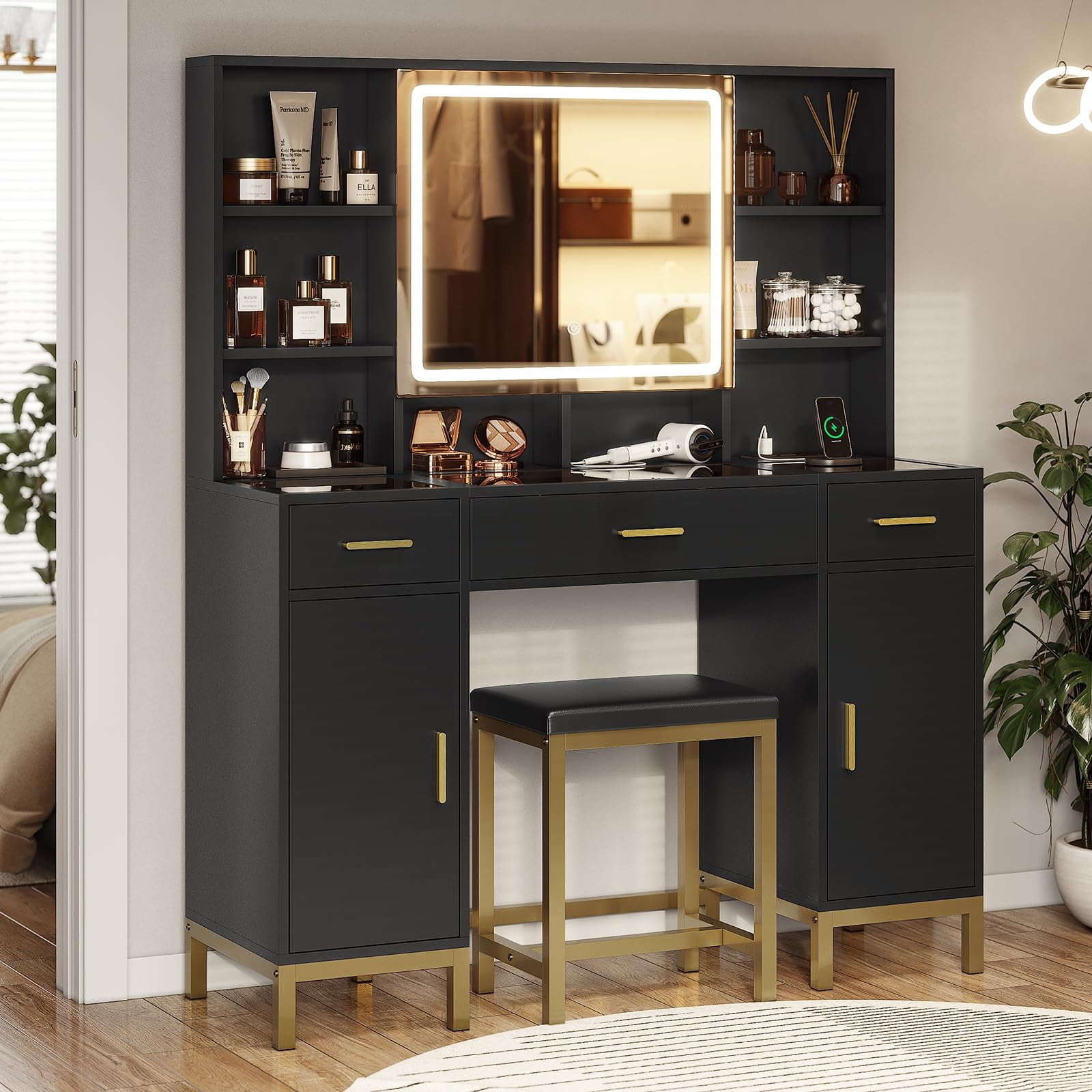 Makeup Vanity Set with Lights in 3 Colors, Vanity Desk with Mirror and