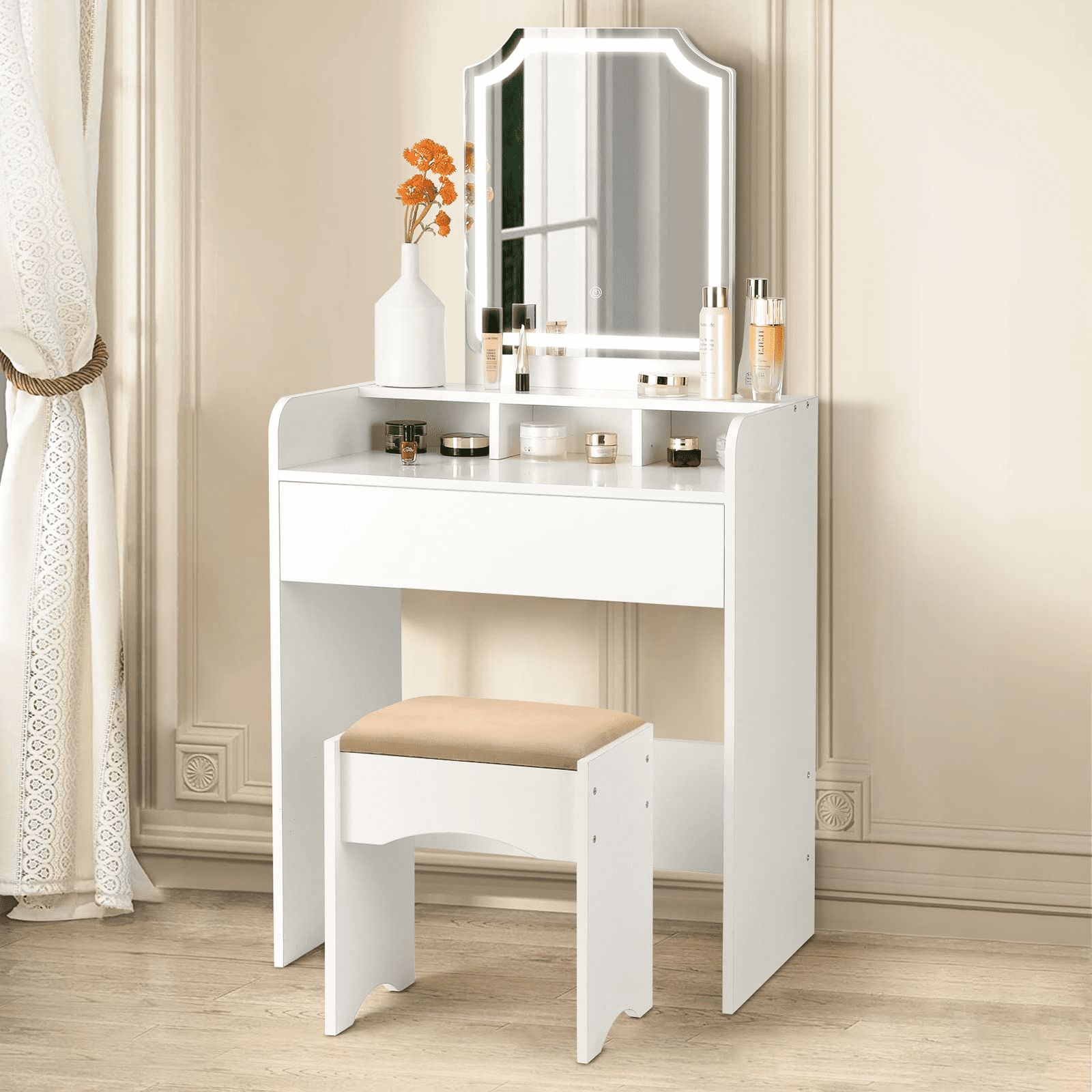 Makeup Vanity Desk with Mirror and Lights Adjustable Brightness 3 Color Modes for Bedroom White, Size: 42.9 x 20.5 x 56.1