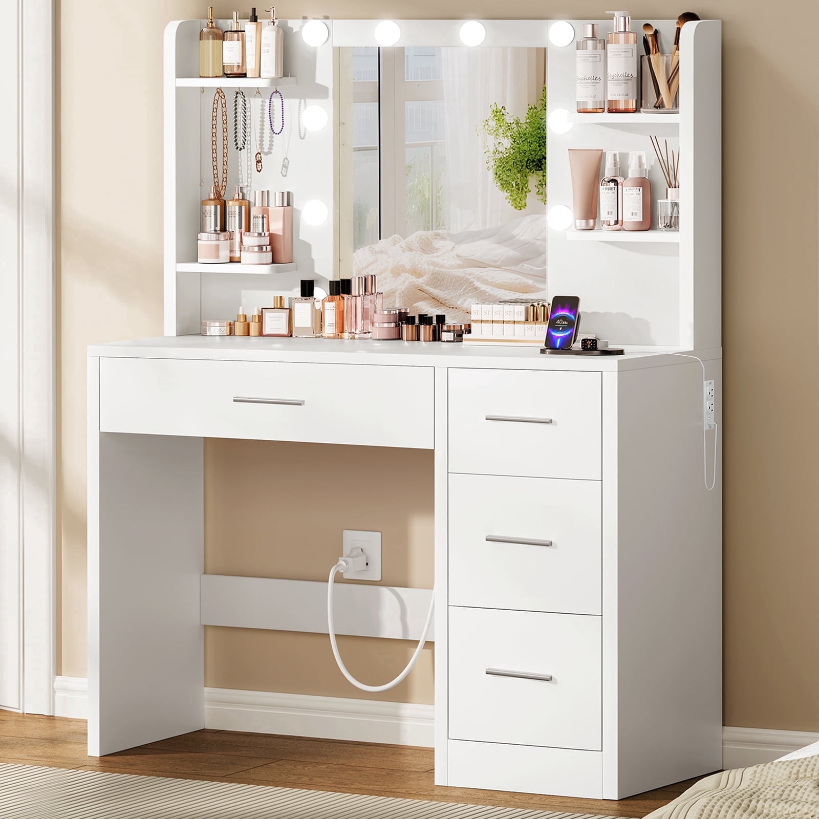 TEENFON Makeup Vanity Set with Mirror and Lights, Vanity Desk with Power Outlet and 4 Drawers & 6 Shelves, Vanity Table for Bedroom, White