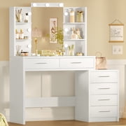 TEENFON Makeup Vanity Set with Mirror and Lights, Vanity Table with 6 Large Drawers and 4 Open Storage Shelves, White