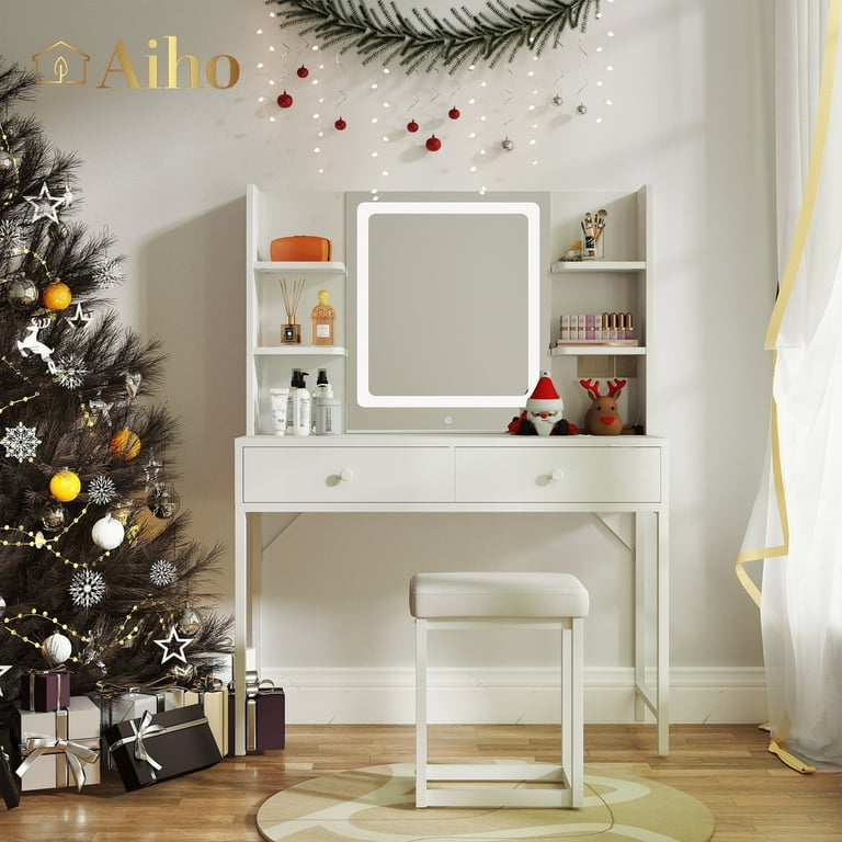 Makeup Vanity Sets with Rectangle Lighted Mirror, Bedroom Makeup Dressing Table with 5 Drawers, White