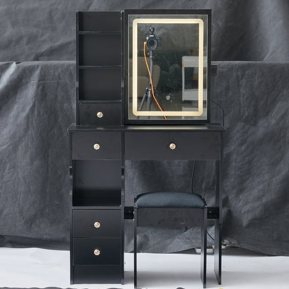 Makeup Vanity with Sliding Mirror & LED Light Dimmable, Tri-Color Switching, Small Dressing Table With Cushioned Stool And Multi Layer Storage For Jewelry Cosmetics