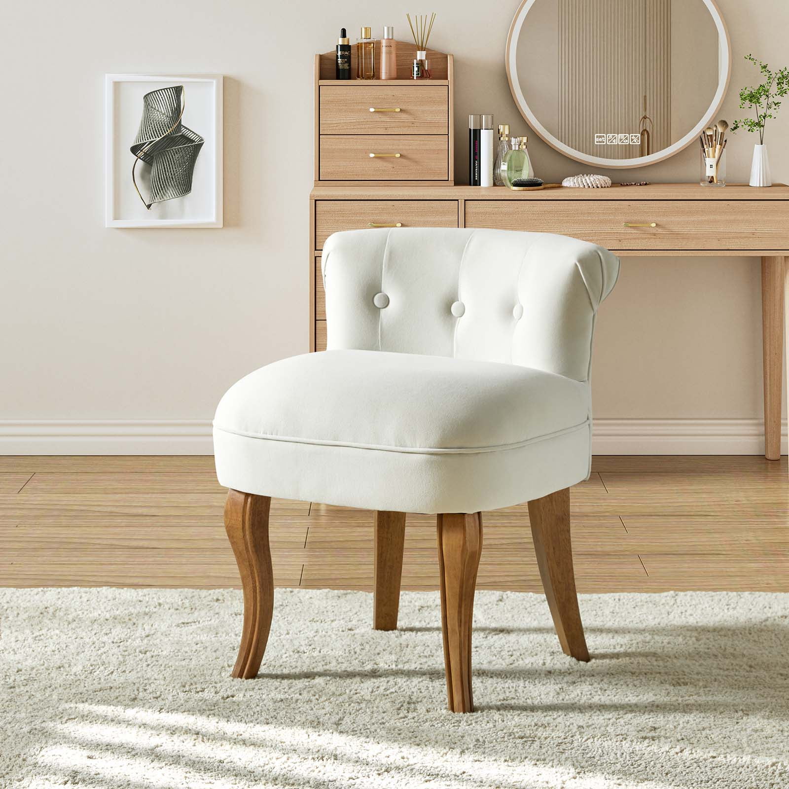 Makeup Vanity Stool Dressing Table Accent Chair Velvet Tufted Upholstered Cushioned Wood Leg Home Bedroom Living Room Ivory Walmart