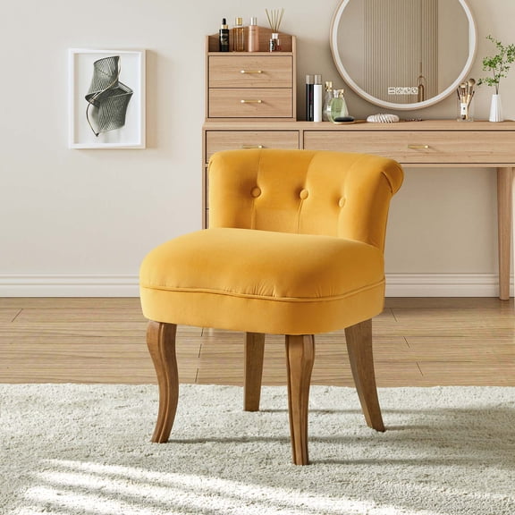 Makeup Vanity Stool Dressing Table Accent Chair Velvet Tufted Upholstered Cushioned Wood Leg Home Bedroom Living Room Mustard
