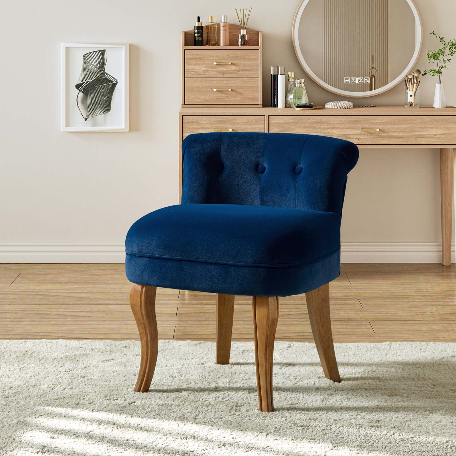 Makeup Vanity Stool Dressing Table Accent Chair Velvet Tufted Upholstered Cushioned Wood Leg Home Bedroom Living Room Navy Walmart