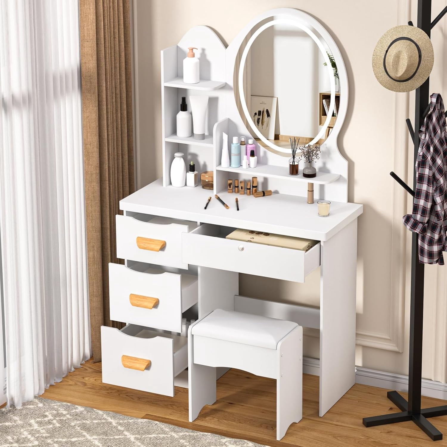 Makeup Vanity Table with Brightness Adjustment 3-Colored Light,Bedroom ...