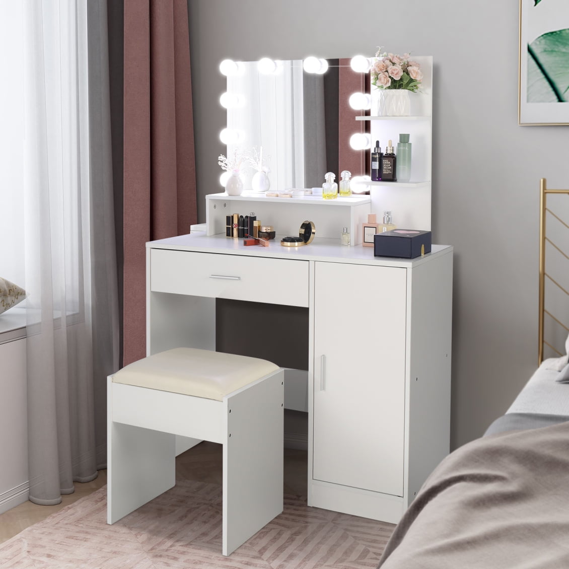 Makeup Vanity Table, Makeup Vanity with Lights, Drawers, Shelves and Cushioned Stool, Dressing