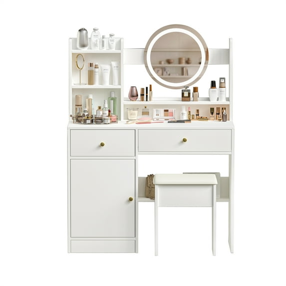 Makeup Vanity Table, Modern Bedroom Vanity Dressing Table With Round Mirror And Lights, 3 Color Lighting Modes Adjustable Brightness, Cushioned Stool