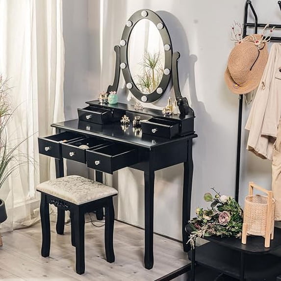 Makeup Vanity Table Set, Wood Makeup Dressing Table with Mirrors and LED Light, 3 Colors Lighting Modes, 5 Drawers, Vanity Desk for Women/Girls