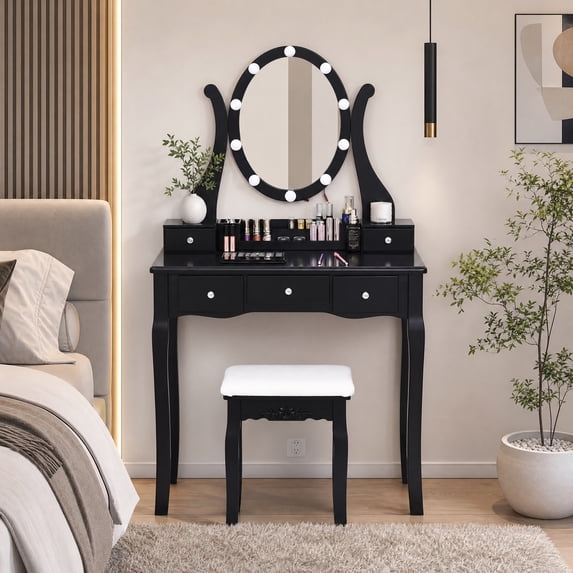 Makeup Vanity Table Set with 360° Rotatable Oval Mirror, 5 Drawers, Dressing Table with Padded Stool for Bedroom,Black