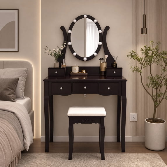 Makeup Vanity Table Set with 360° Rotatable Oval Mirror, 5 Drawers, Dressing Table with Padded Stool for Bedroom,Coffee