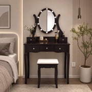 Makeup Vanity Table Set with 360  Rotatable Oval Mirror, 5 Drawers, Dressing Table with Padded Stool for Bedroom,Coffee