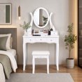 thumbnail image 1 of Makeup Vanity Table Set with 360° Rotatable Oval Mirror, 5 Drawers, Dressing Table with Padded Stool for Bedroom,White, 1 of 8