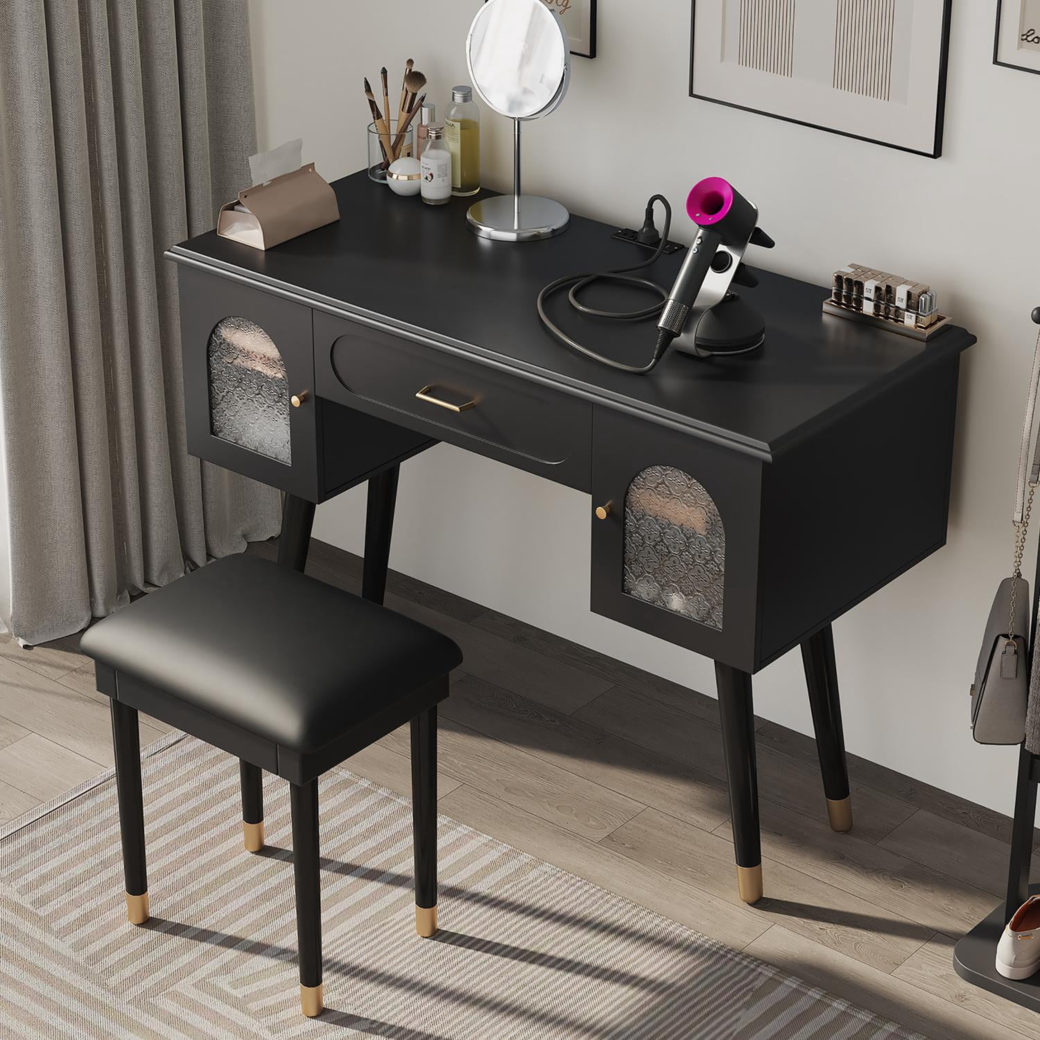 Makeup Vanity Table and Stool Set, Dressing Desk with Charging Station, Storage Cabinet, and Glass Door, Writing Desk with Outlets for Bedroom, Black Finish