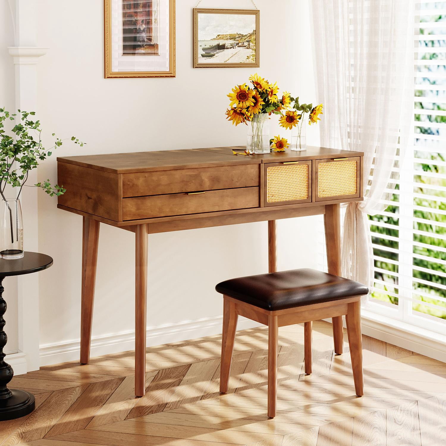 Makeup Vanity Table, With Flip Top Mirror Stool And 3 Drawers, Solid Wood Dressing Table, Rattan Design Upholstered Stool For Bedroom, Brown