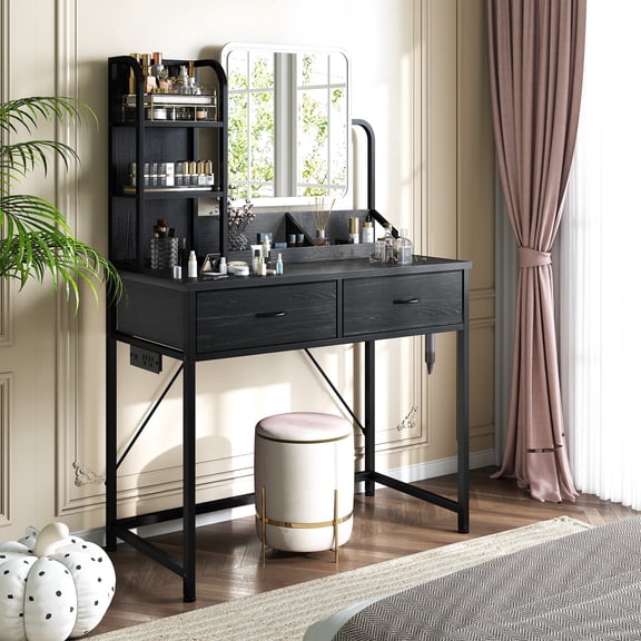 Makeup Vanity Table for Small Spaces Dressing Table with Mirror & LED Lights Makeup Desk with 2 Fabric Drawers & USB Port for Bedroom, Black