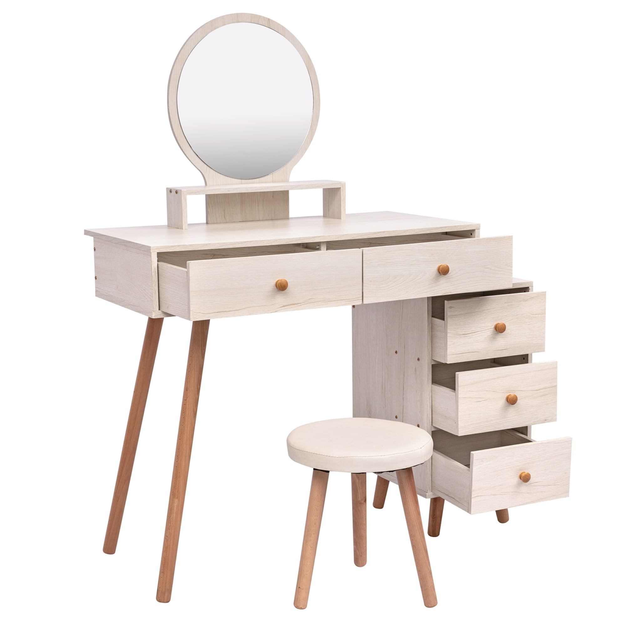 Makeup Vanity Table with Cushioned Stool, Large Capacity Storage Cabinet