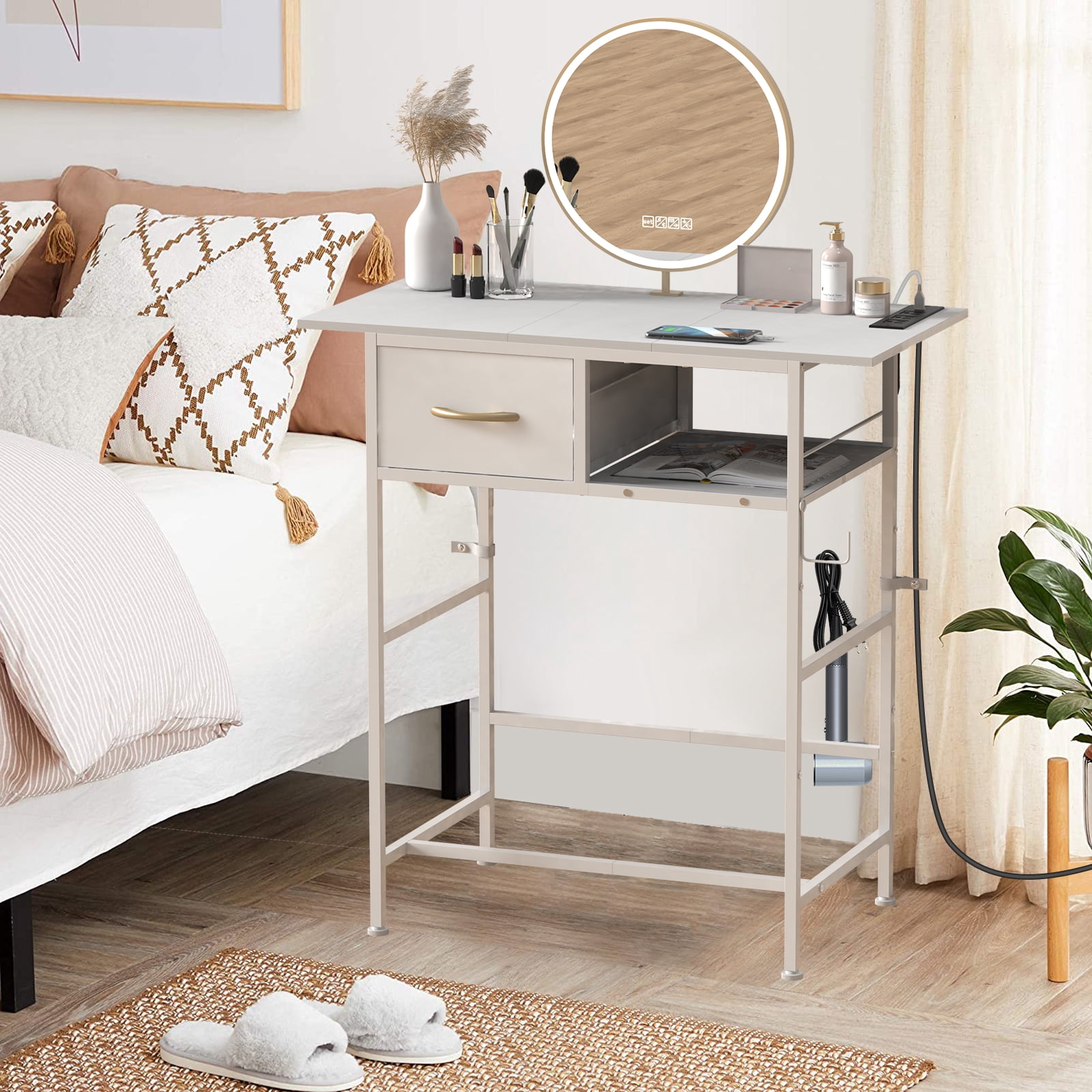 Makeup Vanity Table with Fabric Drawers and Power Outlet, Compact ...