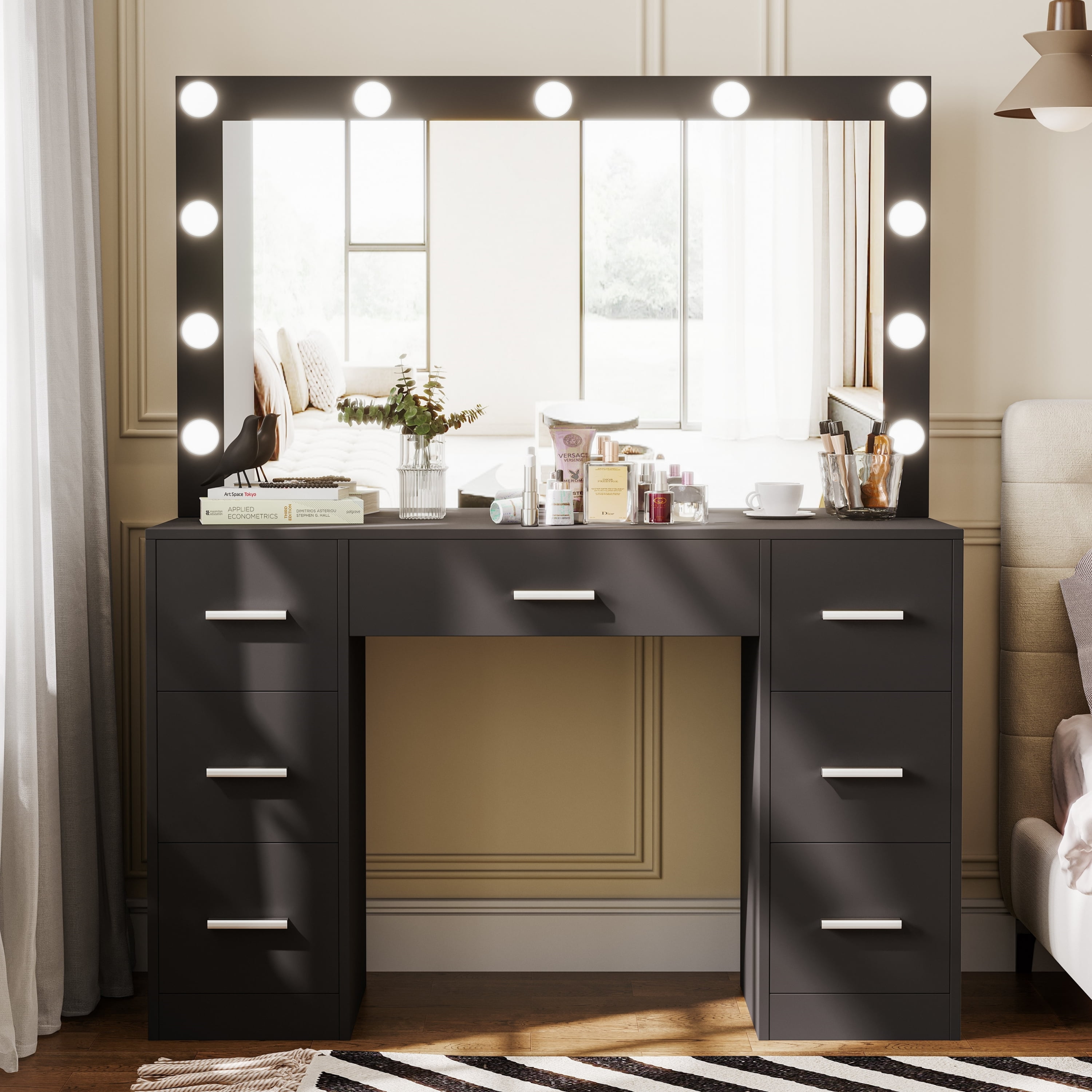 Walmart Black Makeup Vanity Table with Large Mirror, 3mode Lights, 7