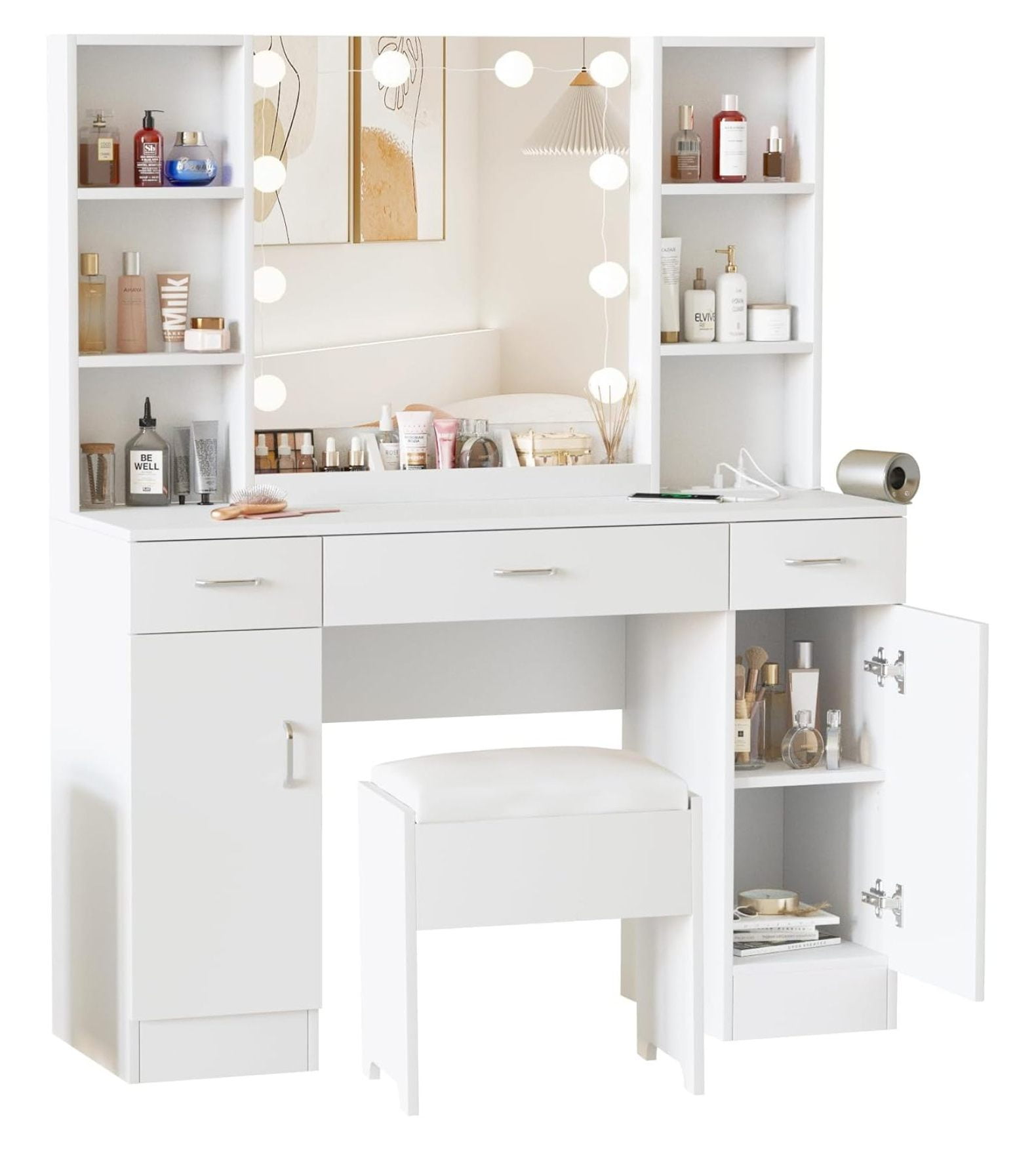 Makeup Vanity Table with Lighted Mirror & Outlets, Large Vanity Set 