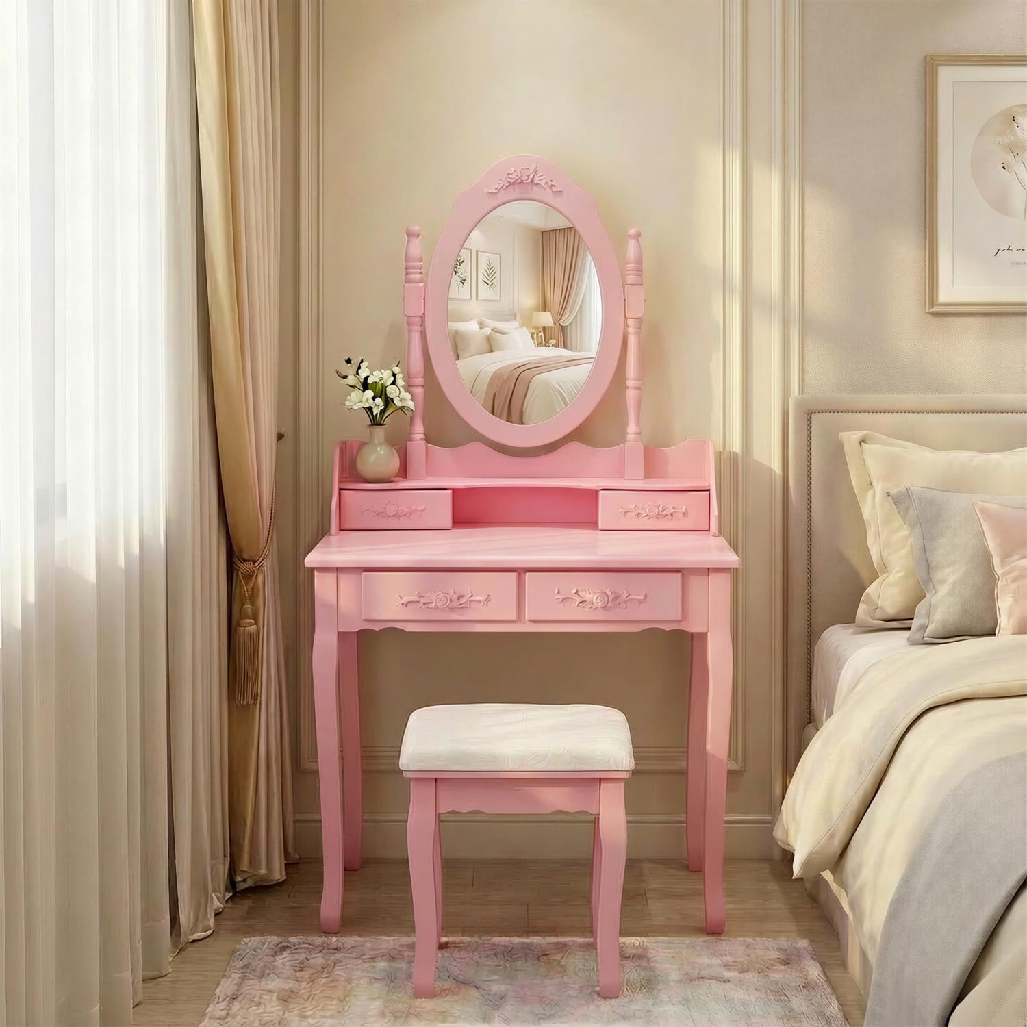 Makeup Vanity, Vanity Desk for Girls, Princess Vanity Pink with 360 Degree Rotating Mirror 4 Drawers Large Tabletop Includes Cushioned Multi Purpose Stool, Pink