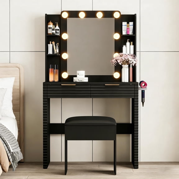 Makeup Vanity, Vanity Desk with Lights, Hollywood Vanity with 10 LED Bulbs 3 Color Modes Black Fluted Design 2 Drawers 4 Open Shelves Includes Padded Stool, Black