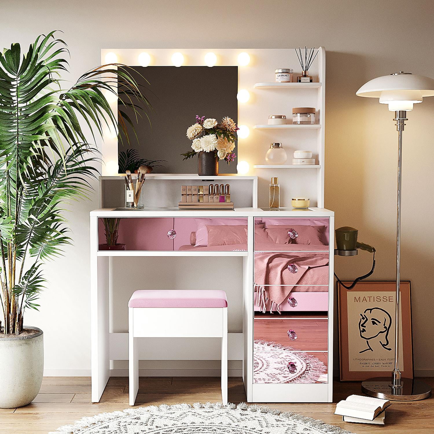 Makeup Vanity, Vanity Desk with Lights, Hollywood Vanity with 11 LED Bulbs 3 Color Modes White and Pink Glass Top 6 Drawers Open Shelves Includes Cushioned Stool, White and Pink