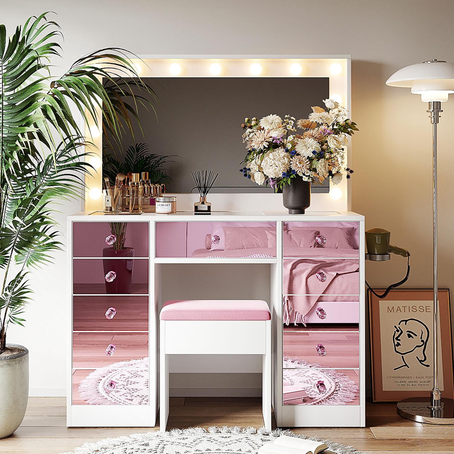 Makeup Vanity, Vanity Desk with Lights, Hollywood Vanity with 15 LED Bulbs 3 Color Modes Adjustable Brightness Pink Glass Top Dressing Table 11 Drawers Includes Cushioned Stool, Pink
