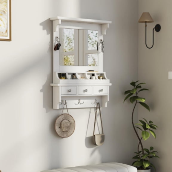 Makeup Vanity, Wall Vanity, Vanity Mirror With Storage Drawers Pockets Hooks Floating Organizer For Bathroom Bedroom Dressing Room, White MDF Vanity Table