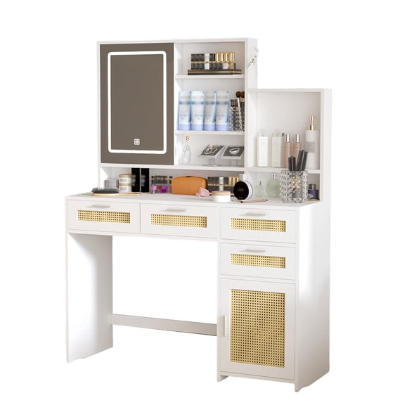 Makeup Vanity With Lights In 3 Colors And Openable Mirror, Vanity Desk With 4 Drawers, 1 Cabinets And Shelves, Vanity Table Rattan Vanity Dresser For Bedroom