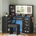 thumbnail image 1 of Makeup Vanity for Women with Mirror and Lights, 8 Drawers Big Modern Vanity , Transparent Top Vanity Desk with 2 RGB Drawers, with Power Outlet & Stool, Modern Ample Storage Dressing Table, Black, 1 of 10