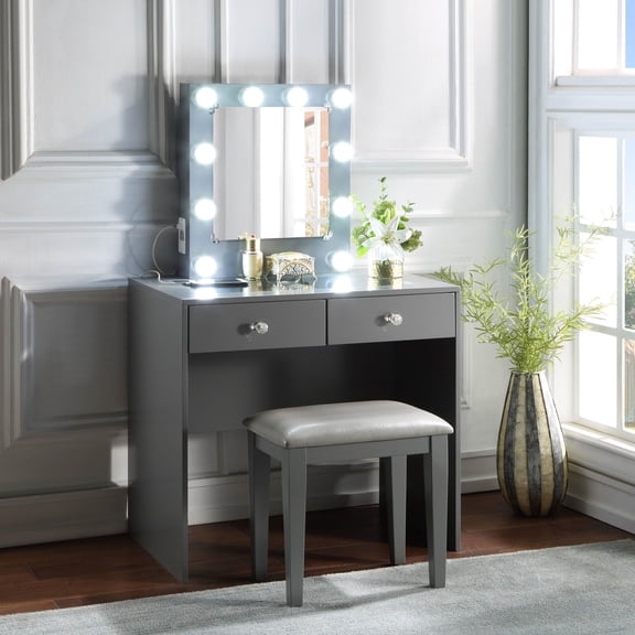 Makeup Vanity and Stool Set, Gray Finish, 10 Lights & Storage / Modern Bedroom Ambiance