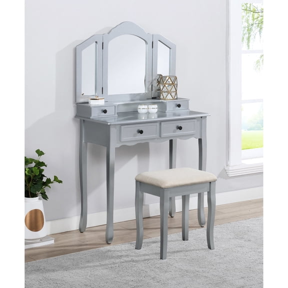 Makeup Vanity in Silver Wood / 3 - Panel Mirror and Drawers