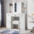 thumbnail image 1 of Makeup Vanity with 3 Color Lights Mirror, Vanity Makeup Table with Visible Drawers, 2 Cabinets & 6 Storage Shelves, White, 1 of 7