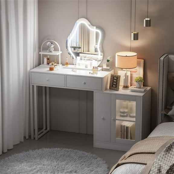 Makeup Vanity with 3-Color Touch Screen Lighted Mirror, Makeup Table with Drawers and Storage Cabinet, Dressing Table for Women Girls by TOPQYY