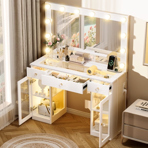 Makeup Vanity with 3 Modes Lighted Mirror & 12 LED Bulbs, Glass Top Vanity Desk with Power Outlet