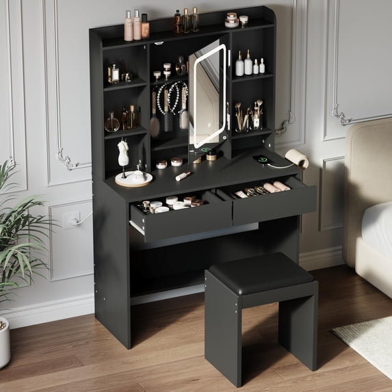 Makeup Vanity with LED Mirror & Stool, USB/Type-C Outlets, 3 Light Modes, and Storage Drawers for Bedroom