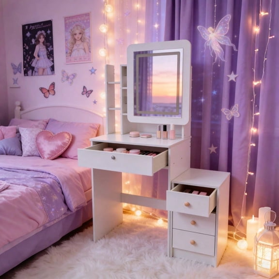 Makeup Vanity with Lighted LED Mirror, Hidden Storage Behind Mirror, Adjustable Lighting & Drawer Cabinet