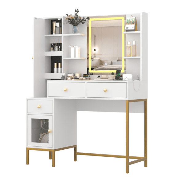 Makeup Vanity with Lighted Mirror, 3-Color Lighting, Charging Station & LED-Lit Visible Cabinet - White