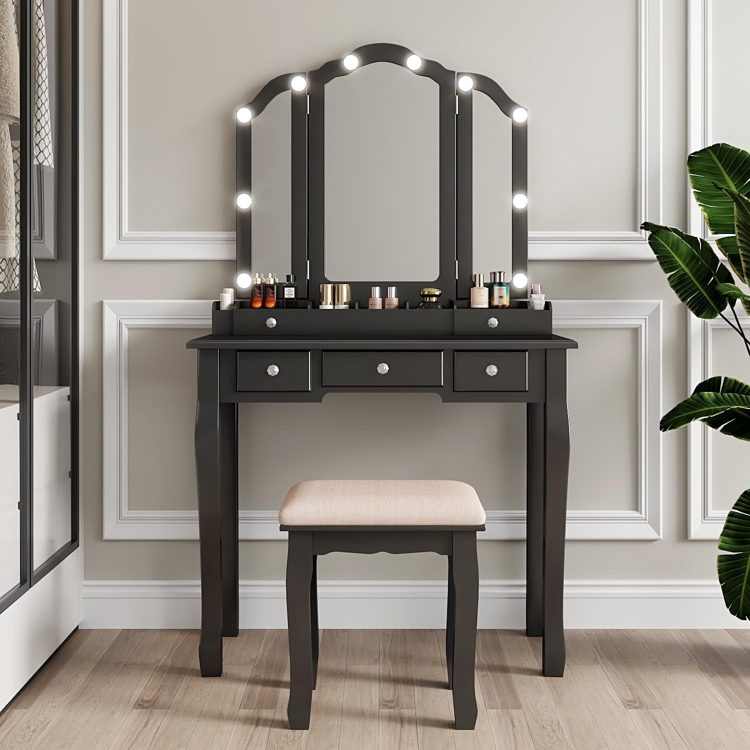 Makeup Vanity with Lights Tri-Folding Mirror,Vanity Desk with Mirror and Lights,5 Drawers,Vanity ...