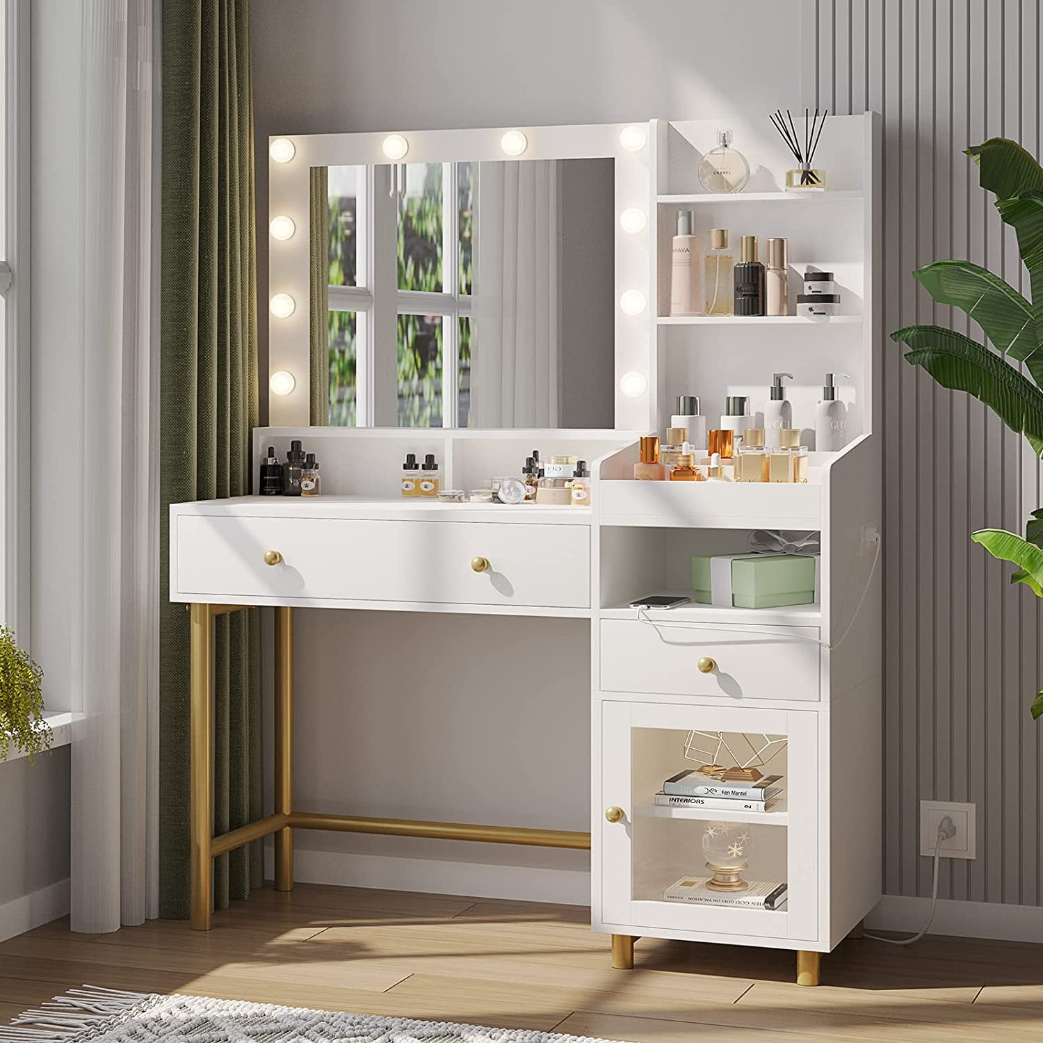 White Makeup Vanity with LED Lights, USB Charging Station, Drawers, and