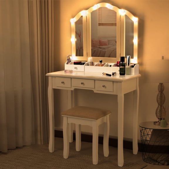 Makeup Vanity with Lights and Mirror, Modern Vanity Desk, Tri-Fold Design, 3 Light Modes, Ample Storage Space, White Makeup Table for Bedroom
